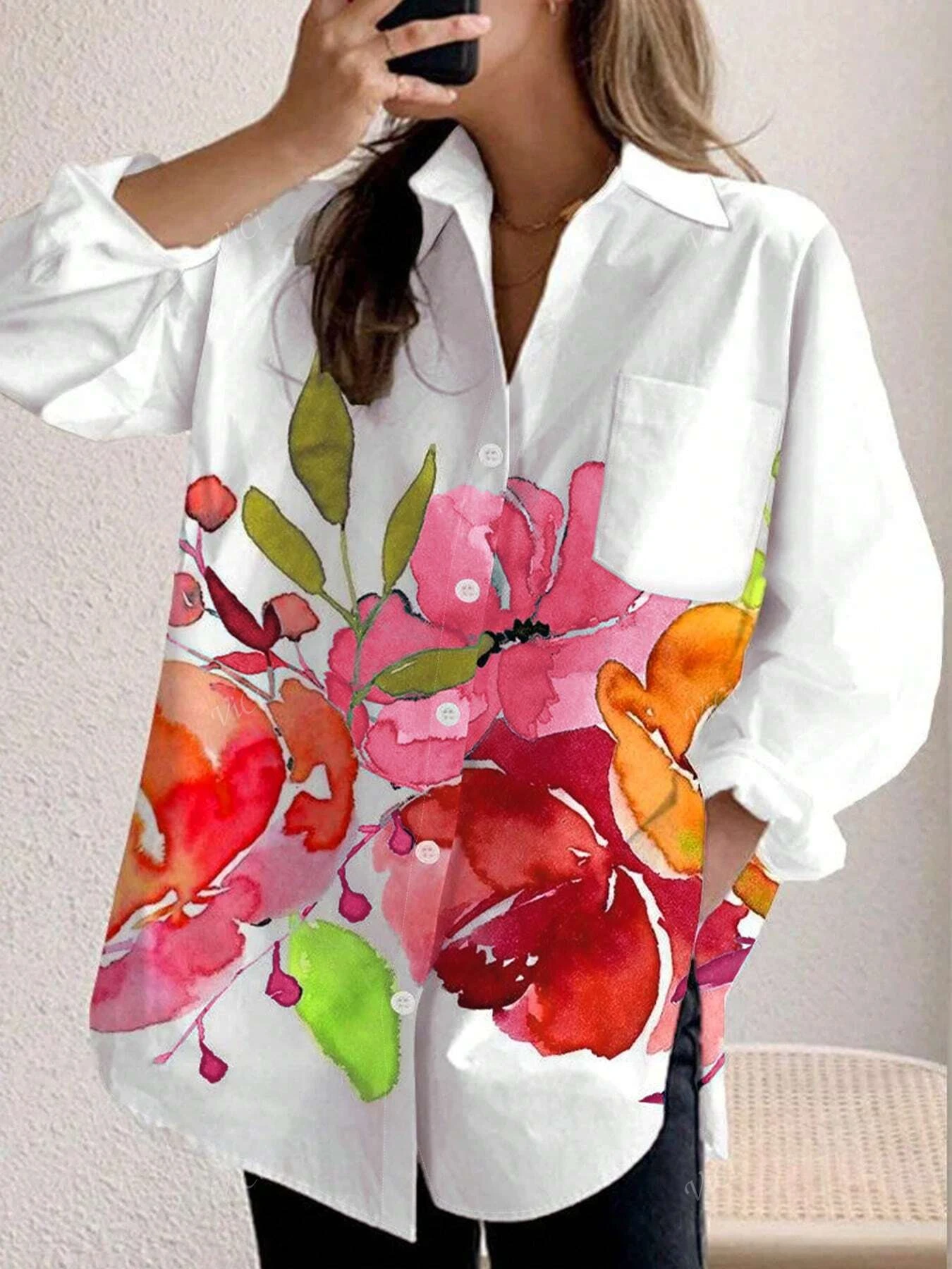 قميص نسائي بأكمام طويلة مطبوع عليه زهور قميص غير رسمي موضة جديدة بأزرار للأسفل قميص للربيع والصيف ملابس علوية غير رسمية