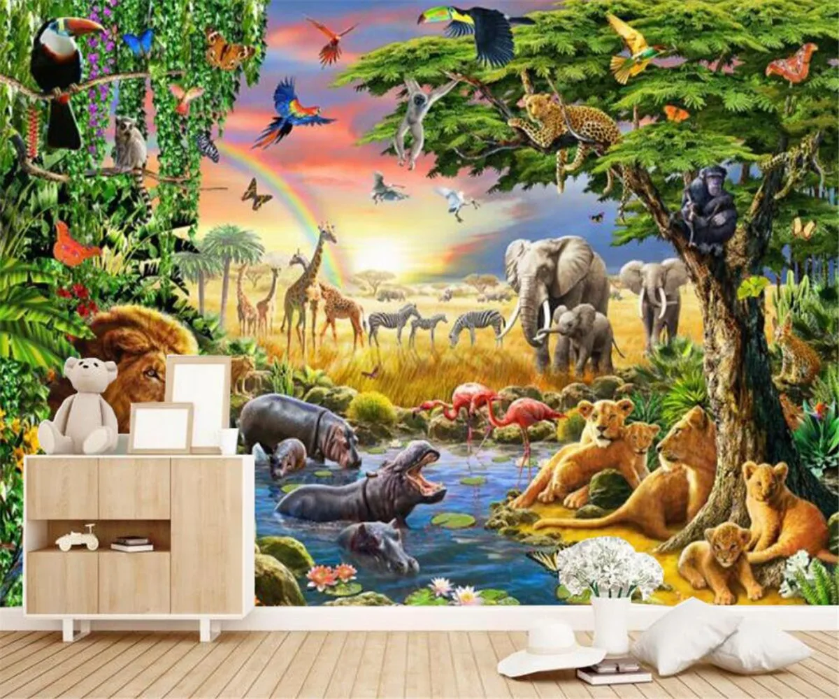 Papel de parede personalizado com foto 3D para quarto de crianças, desenho  animado, leão, tigre, cartaz, quarto infantil, decoração de parede, papel