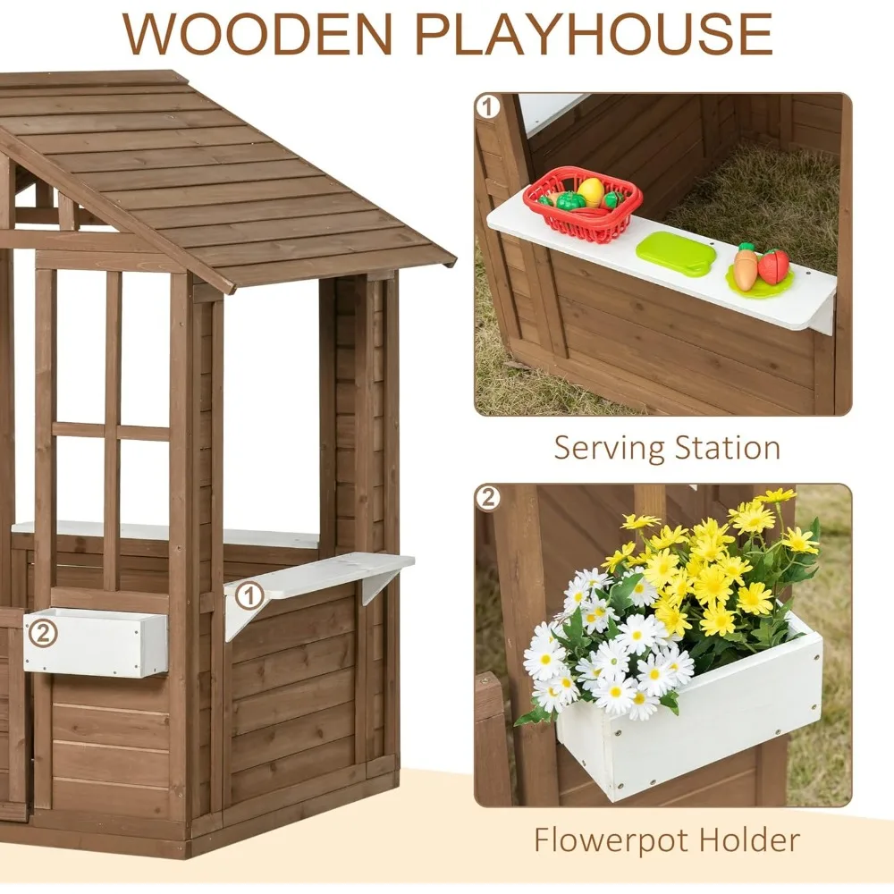 Description Picture 5 of itemKids Wooden Playhouse, Outdoor Garden Games Cottage, with Working Door, Windows, Flowers Pot Holder, 47" x 38" x 54"