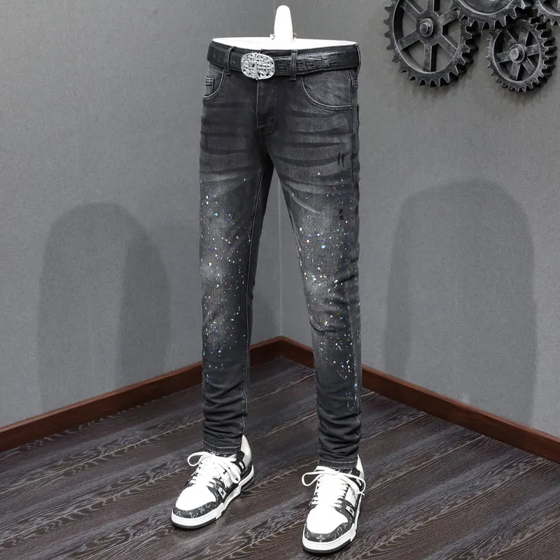 High Street Fashion Men Jeans Retro Black Gray Stretch Skinny Fit Painted Ripped Jeans Men Beading Designer Hip Hop Brand Pants