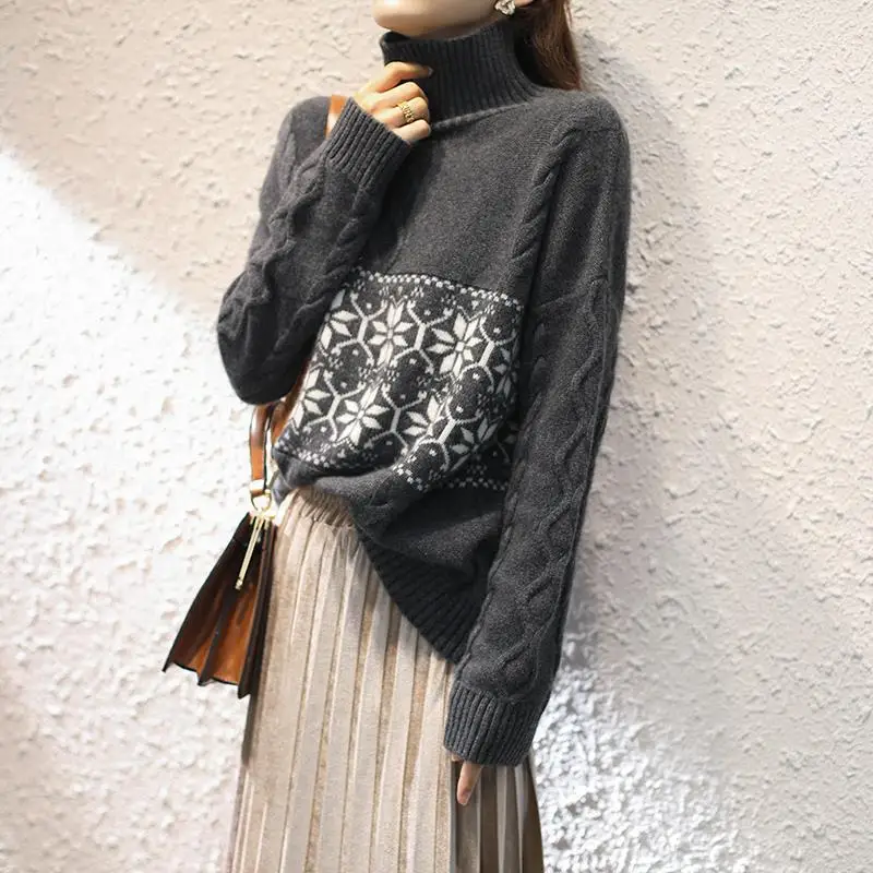 

Korean Jacquard Sweaters Women Autumn Winter Fashion Turtleneck Knitted Jumper Female Loose-fitting Pullover Basic Sweater U1108