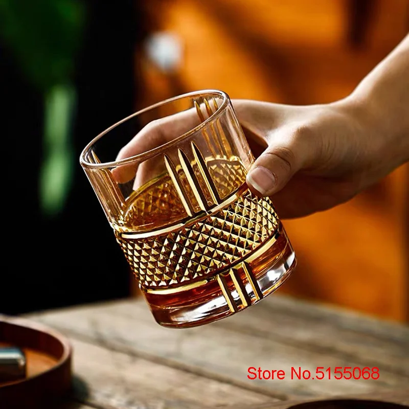 European Style Luxury Golden Old Fashioned Whiskey Rock Glass Diamond Cut Pattern Whisky Tumbler Trace Gold Wine Glass Beer Cup whiskey glass wine glass