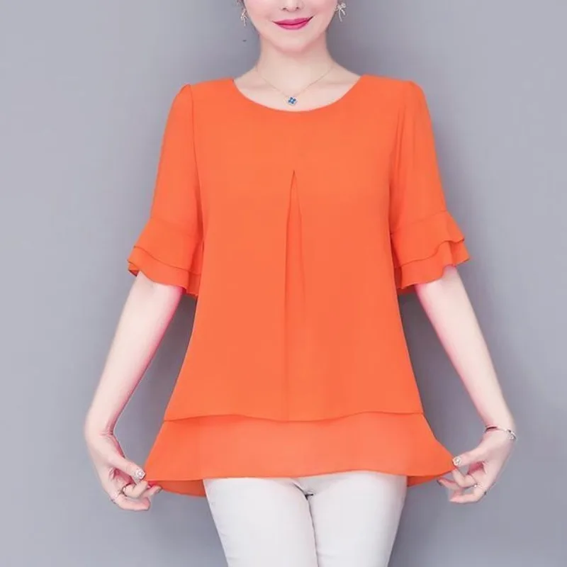 Summer Women's 2024 New Pullover Round Neck Patchwork Solid Color Folds Ruffles Bright Line Decoration Casual Short Sleeved Tops