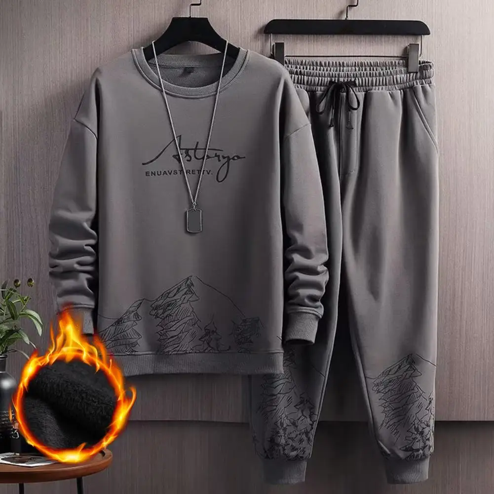 1 Set Men Tracksuit Plush Skin-touch Keep Warm Ribbed Cuff Sweatshirt Lace-up Sweatpants Men Sweatsuit Set Clothing sports suit