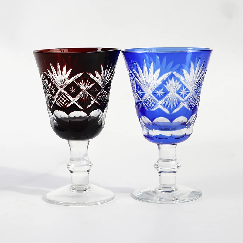 

Small Shot Glass Goblets Wine Baijiu Sake Hand Cut to Clear Crystal Edo Kiriko Blue Red Stemware Wedding Gift 2oz