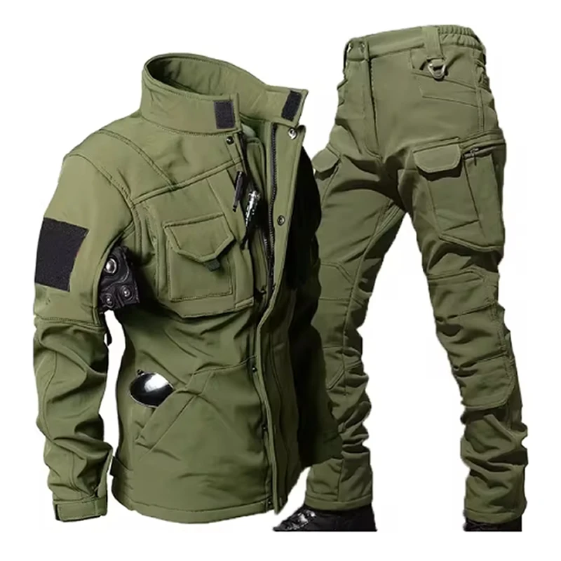 Outdoor Men Shark Skin Soft Shell Set Fleece Warm Tactics Suit Multi Pocket Wear-resistant Charge Jacket+Waterproof Pant 2-piece 3