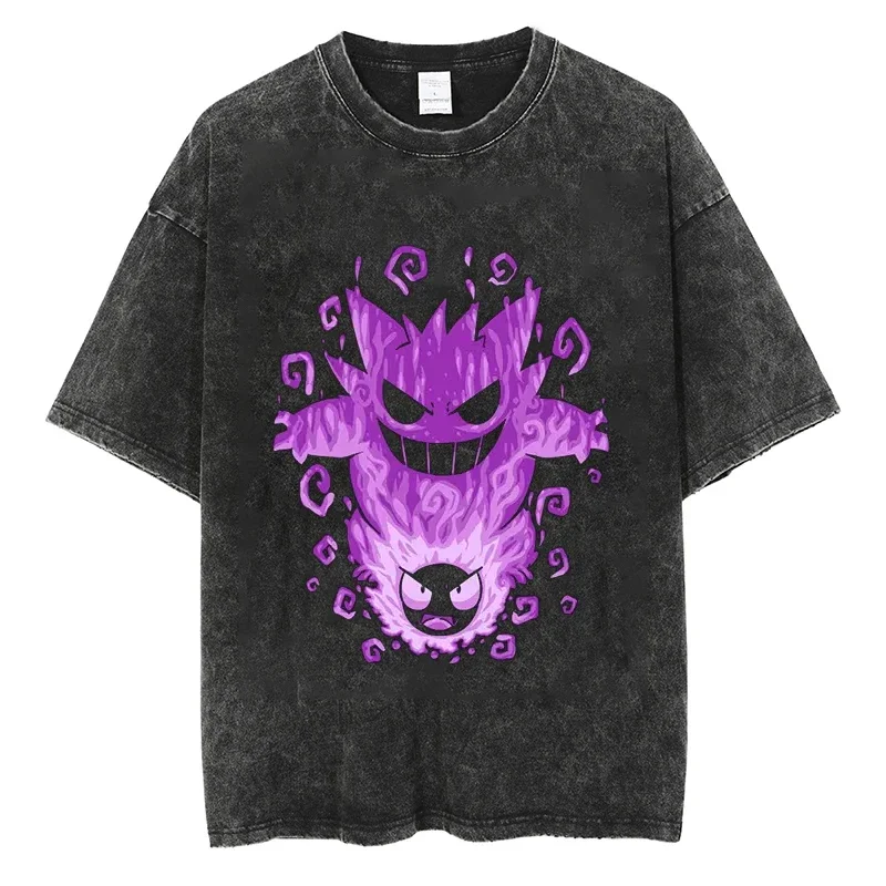 

Summer Men Streetwear Vintage Oversized Hip Hop T-Shirt Pokemon Gengar Anime Graphic Harajuku Washed Black Tshirt Cotton Tops
