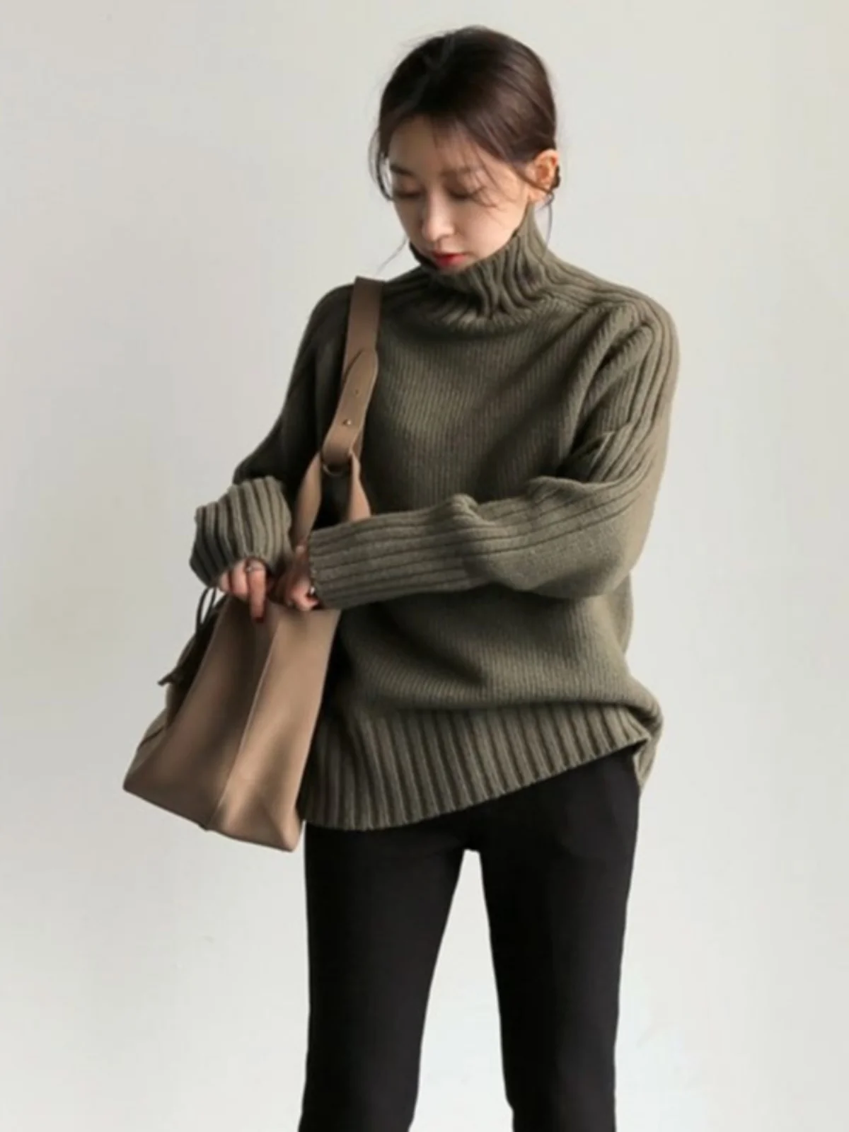 High Collar Knitted Sweater Women's Loose Long Sve Autumn Winter Faion Korean Sle Vintage Base Layer Retro Top