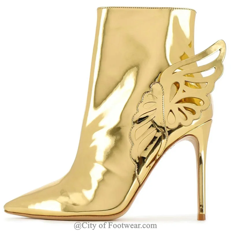 Oro \ Rosa Ali Di Farfalla Stivaletti In Pelle Metallizzata Punta A Punta Tacchi Alti Stivaletti Con Zip Scarpe Da Festa Di Lusso Di Grandi Dimensioni