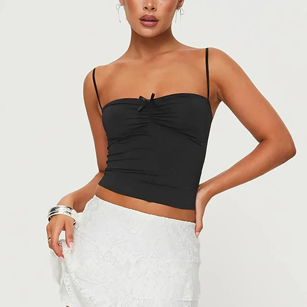 

Кроп-Топ женский с открытой спиной, майка на бретелях-спагетти, однотонная Облегающая рубашка с оборками, лето