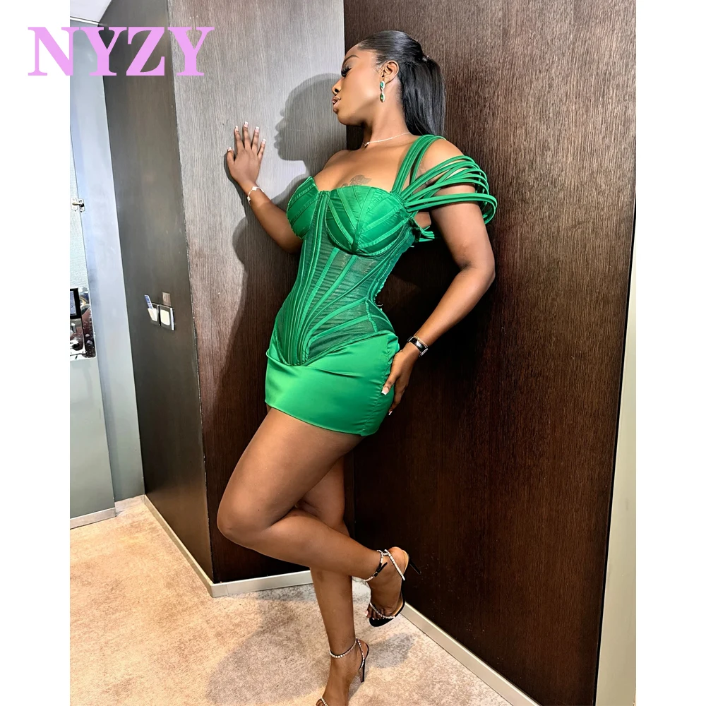 NYZY C390 Emerald Green Satin Stripes Mini Party Cocktail Dresses Date Prom Birthday Homecoming Gowns