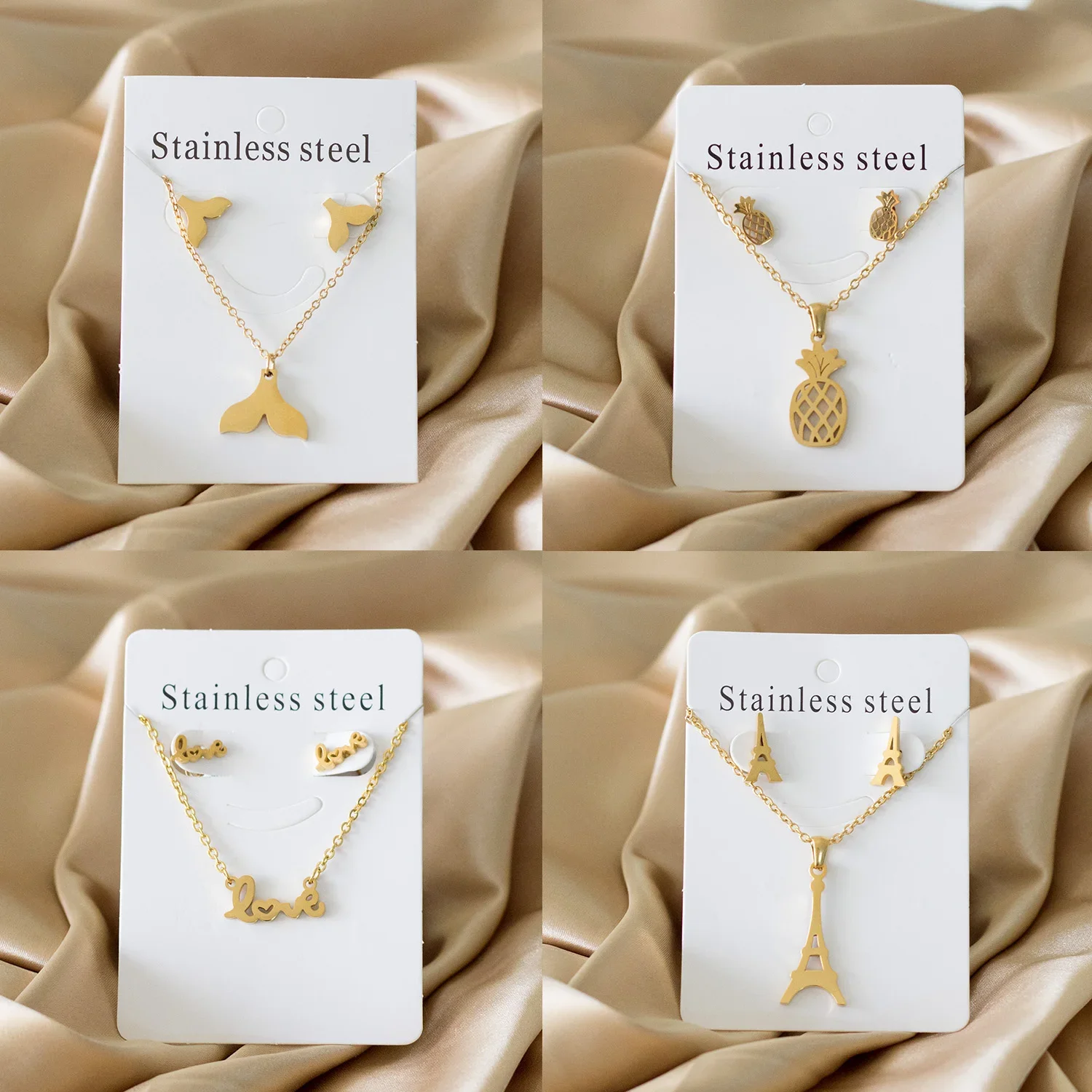 

*18K Gold Plated Necklace And Earrings Jewelry Sets Female Ladies Stainless Steel Pendant Necklaces And Stud Earrings For Weddin