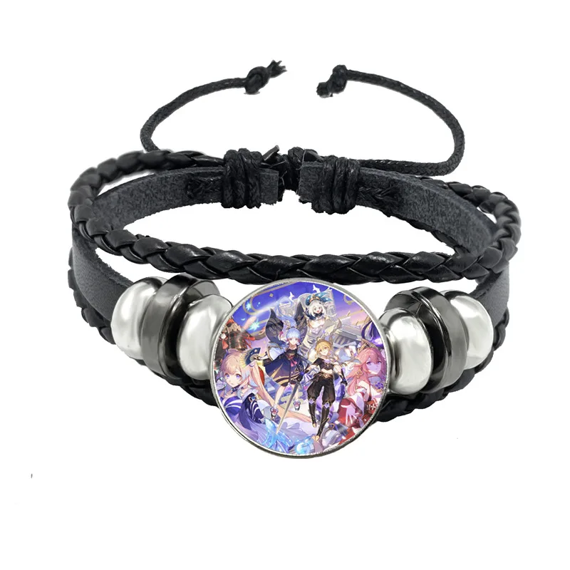 thumbnail image 1 of Genshin Impact Cosplay Prop Snap Button Bracelet, joyería de Anime hecha a mano, brazalete Punk negro multicapa, regalo para mujeres y hombres, 1 of 5