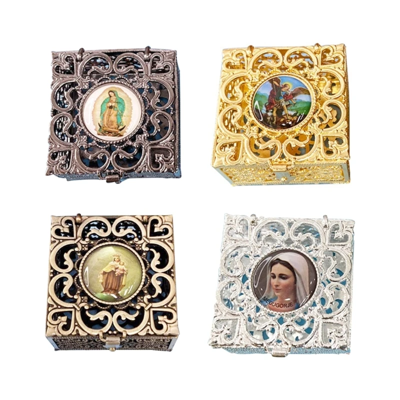 P82D Rosary Bead Box Necklace Metal Christian Catholic Religious Jewelry Case Storage catholic rosary necklace religious ritual accessories