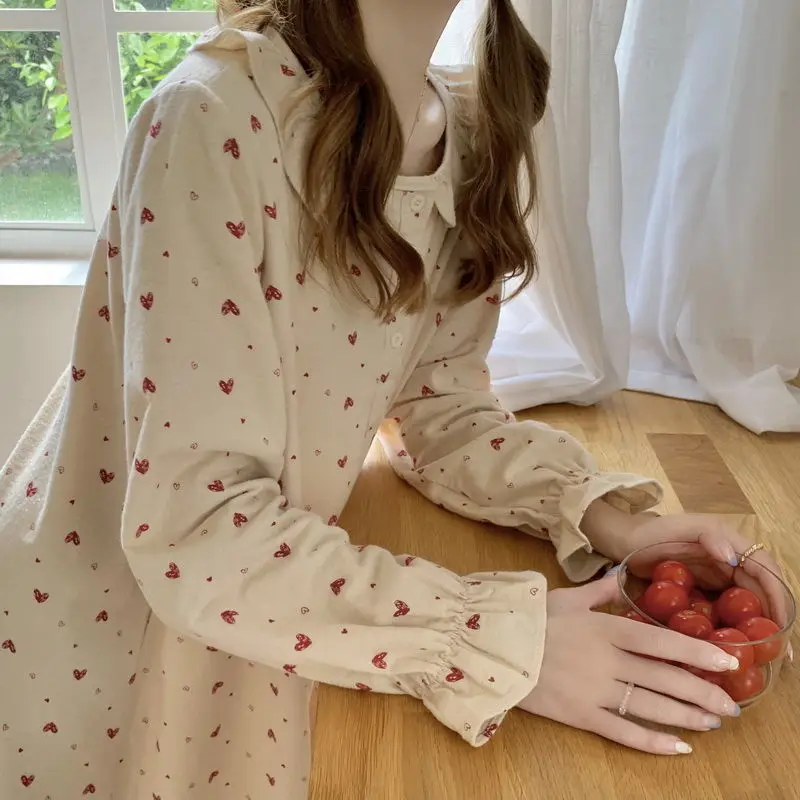 Heart Print Nightgown Sleepwear Womens Korean Style Ruffles Night Dress One Piece Pajamas Autumn Long Sleeve Home Wear women nightgowns women nightdresses women pajamas sleeping dress