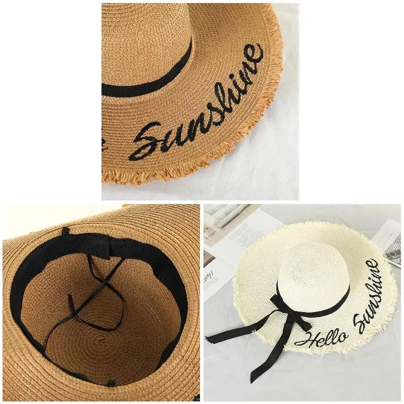 Weave Sun Hats Straw Hat Black Ribbon Tie Up Caps for Women Summer Beach Outdoor Women Summer Beach Outdoor Hats Caps