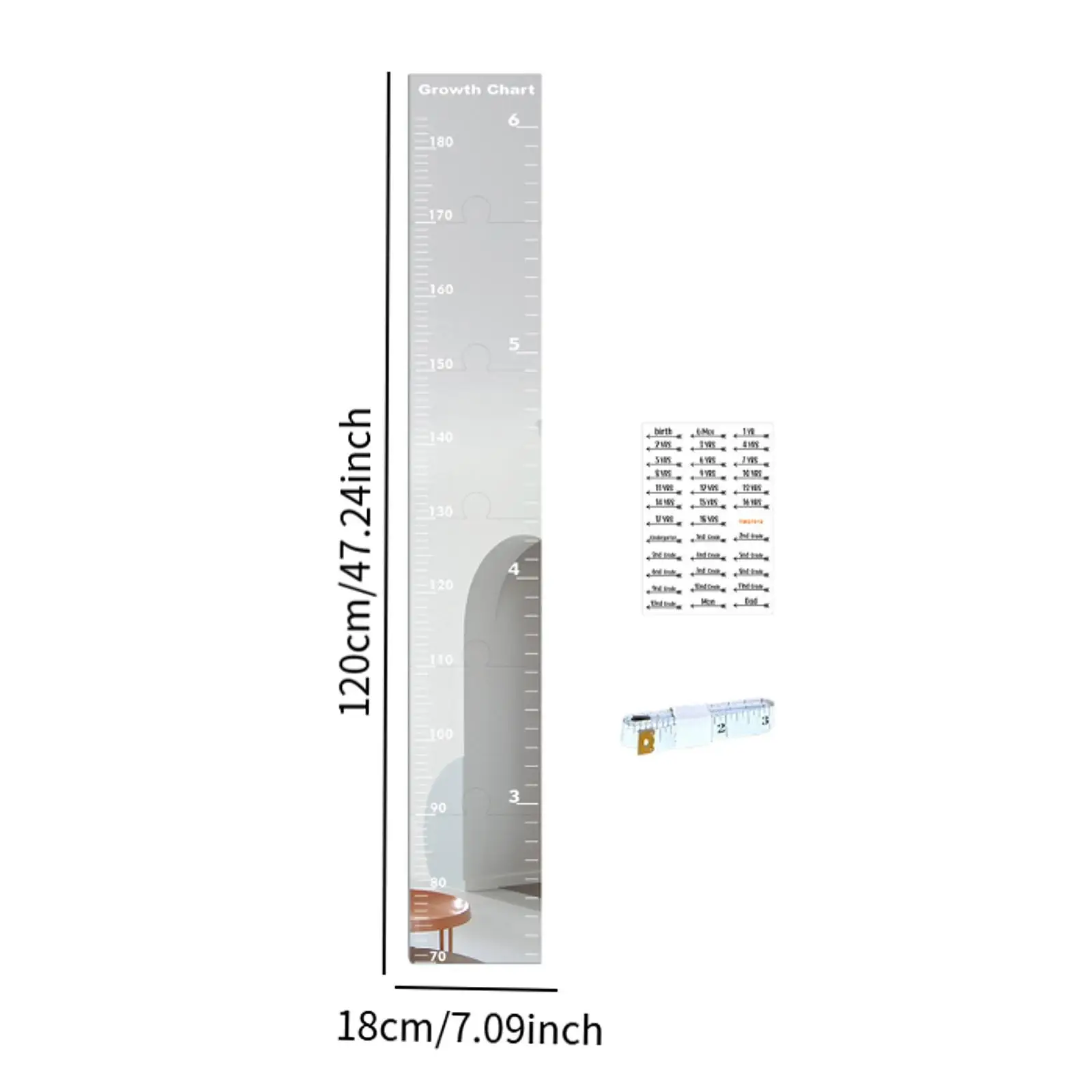 Acrylic Kids Growth Chart Mirror 47.2x5.9inch for Playroom, Kids' Room Versatile with Stickers DIY Splicing Wall Decoration