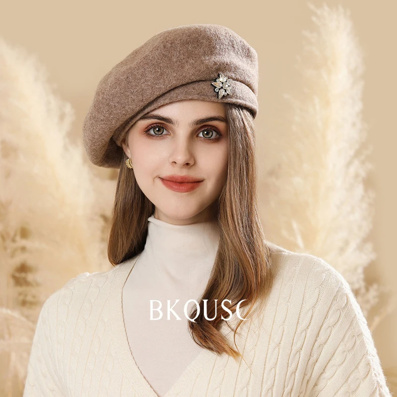 Rhinestone Star Women's Beret Hats Fashion Ladies Retro Wool