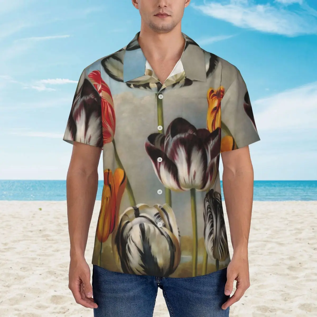 

Flower In A Landscape Casual Shirt Vintage Variegated Vintage Hawaii Shirts Male Short Sleeve Vacation Street Style Blouses