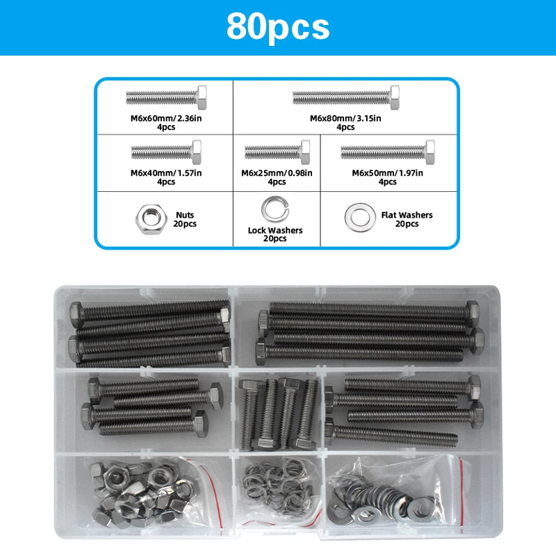 M6 M8 M10 Bolts and Nut Washer 304 Stainless Steel Assortment Kit Hex Head Assorted Metric Screw Flat Spring Lock Spacer Box Set