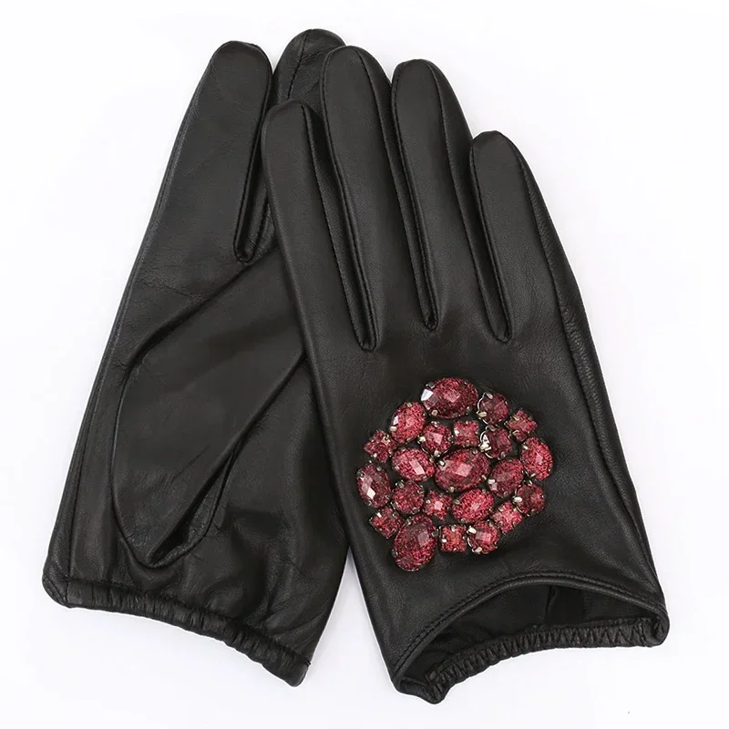 GOURS Fall and Winter Real Leather Gloves for Women Black Genuine Goatskin Gloves Fashion Stone Thin Lined Warm Soft New GSL001