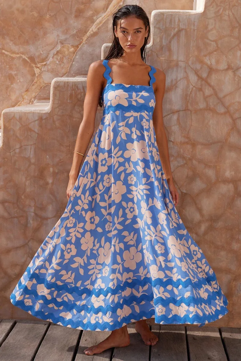 Bohemian Summer Printed A-line Long Dress Sexy Backless Holiday Beach Spaghetti Strap Dresses For Women Maxi Vestidos Para Mujer