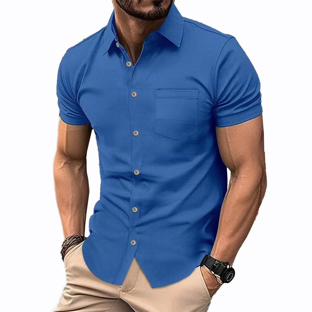 

Рубашка мужская облегающая, праздничная блуза с коротким рукавом, Повседневная стандартная однотонная блуза