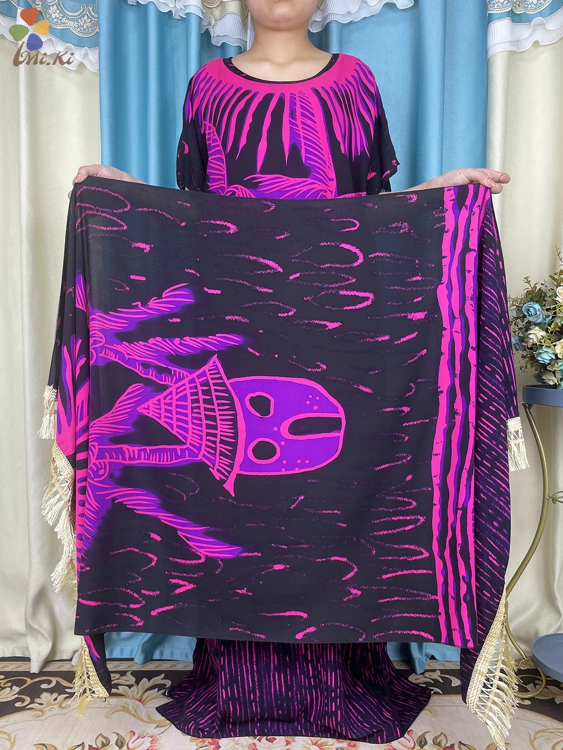 New African Women Short Sleeve Dress Cotton Loose Fit Dress Paired with Fringe Scarf Dress Dubai Dress Islamic Women Clothing