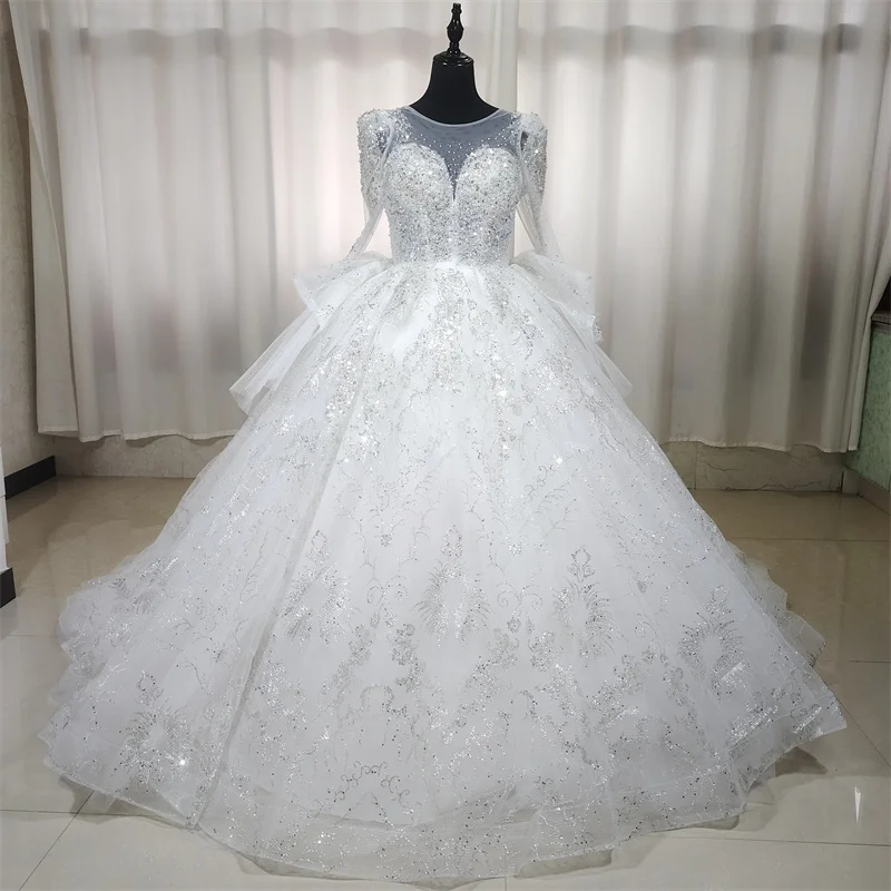 

120CM Long Train Full Sleeves Pearl Lace Up Flowers Appliques Wedding Dress For Women Elegant Ball Gown Bridal 2024 New GB057T