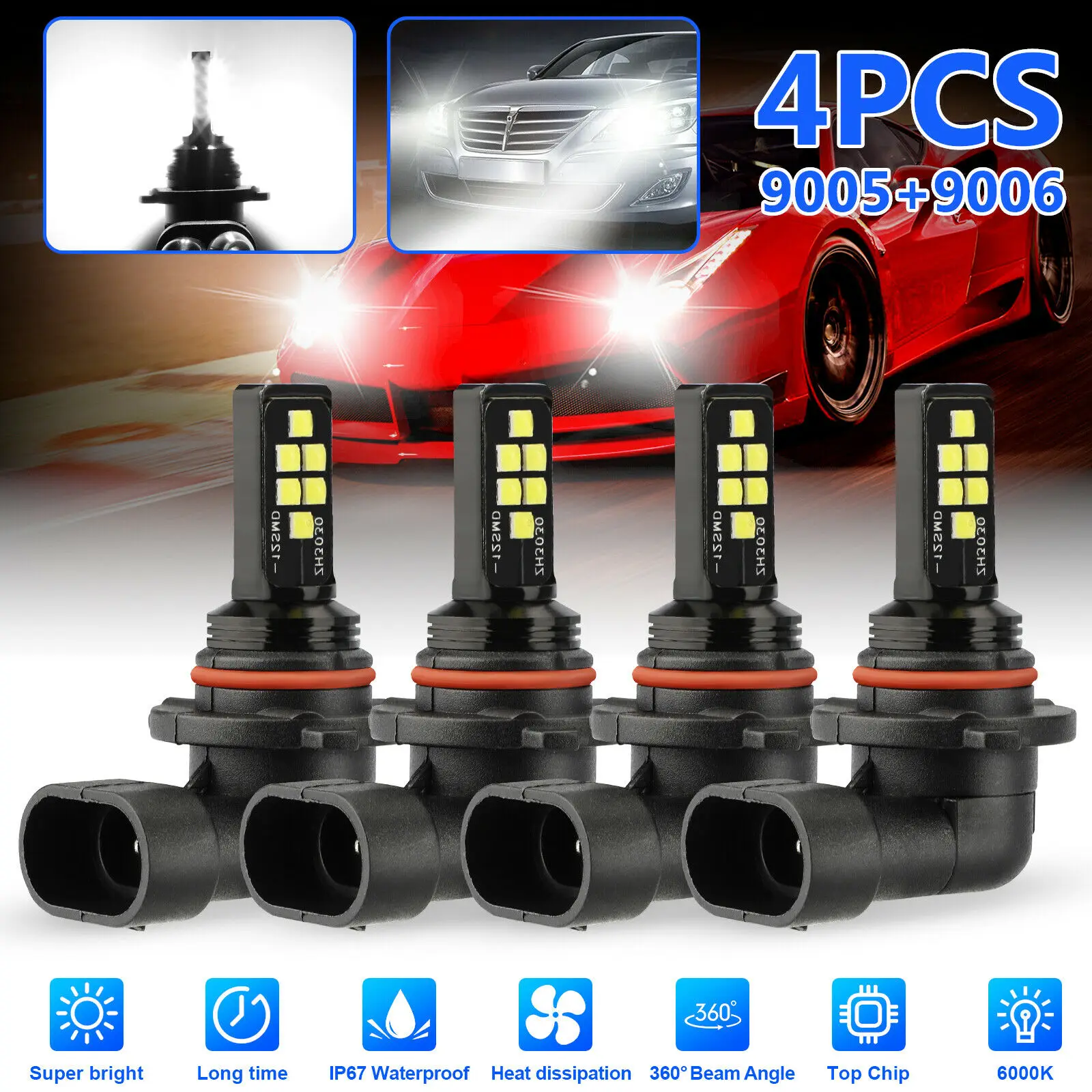 

4pcs Car LED Fog Light HB3/HB4 LED Combo Headlight Bulbs High Low Beam Kit 12V 6000K Xenon Super White Day Light Accessories
