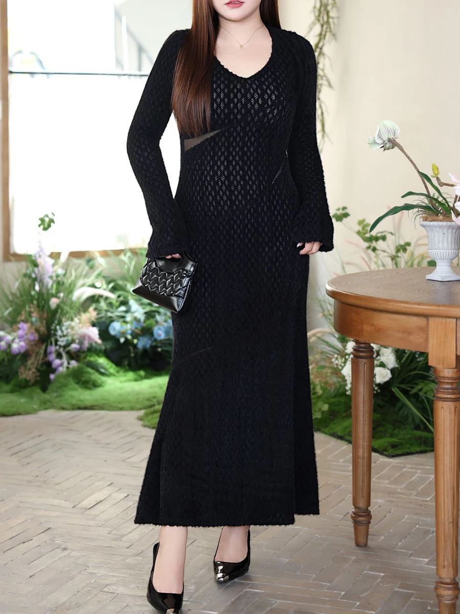 Fishtail Dress for Women, Faux Minkhair, Hollow Out, Jacquard, V-Neck, Slim, Long Mermaid Dress, Sexy, Good Quality