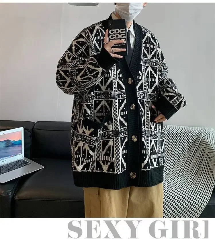 Description Picture 5 of itemHong Kong Style Autumn/winter New Loose-fit Vintage Printing V-neck Outerwear Knitted Sweater Cardigan Jacket Men's Fashion
