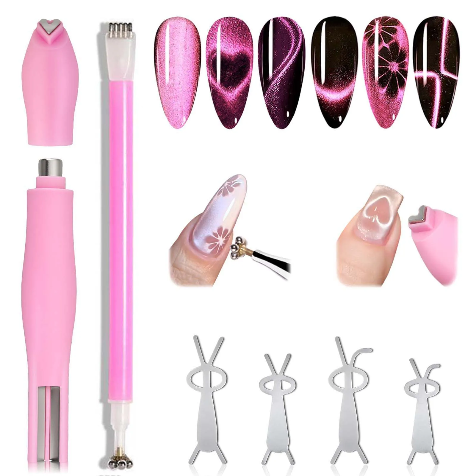 6pcs 3 in 1 Double Head Flower Design Professional Heart Cat Eye Magnet Gel Polish Magnetic Pen Rabbit Guides Nail Art DIY Tools