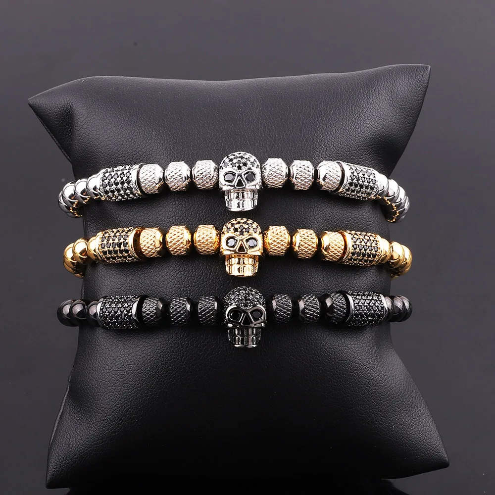 New Fashion Luxury CZ Pave Skull Charm Stainless Steel Beads Stretch Bracelet For Men Jewelry
