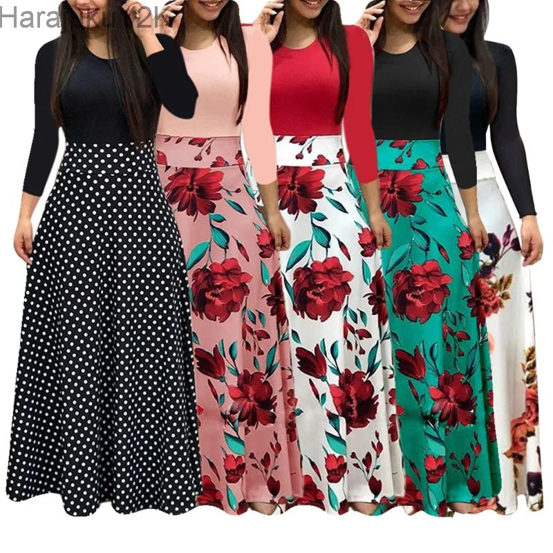 

2022 Women Plus Size Bohemian Long Sleeve Maxi Dress Color Block Polka Dot Floral Patchwork Bodycon Empire Waist Vintage S-5XL