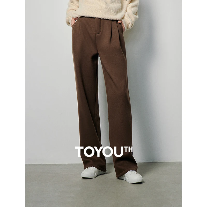 

Toyouth Women Woolen Suit Pants 2023 Winter High Waist Straight Loose Double Breasted Elegant Casual Coffee Black Trousers