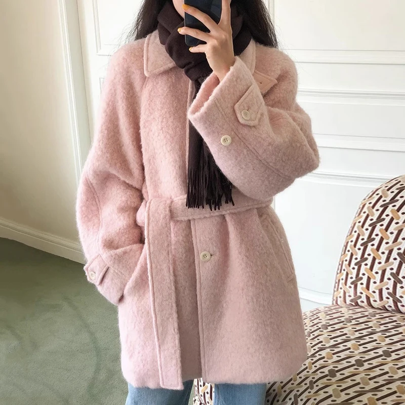 

Clothland Women Elegant Thick Woolen Jacket Long Sleeve Belt Pink Khaki Single Breasted Winter Coat Mujer CA992