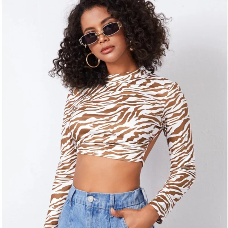 

Sexy Leopard Print Long-sleeved T-shirt Women's Trend 2023 New Europe Open Back Lace Short Slim Tops for Woman Tees