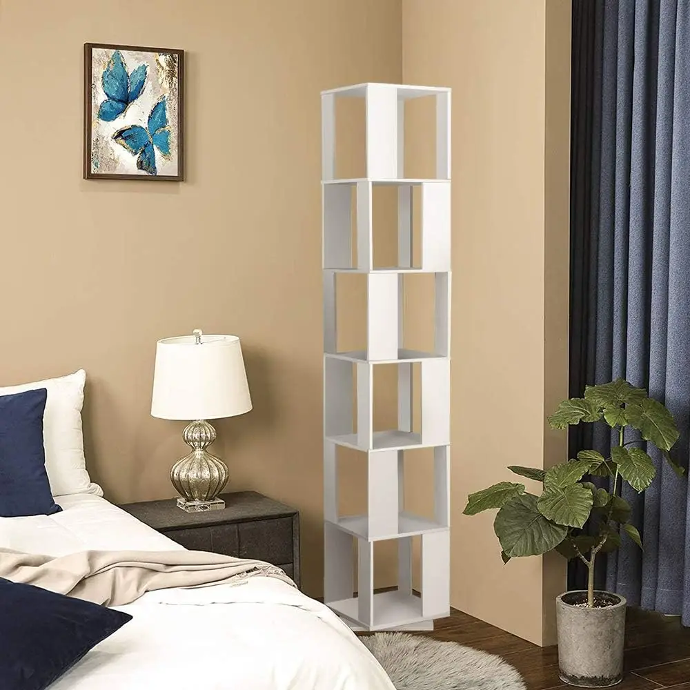6 Tier Wooden Bookcase Corner Tall Book Shelf Modern 360° Rotating Storage Display Rack Floor Standing Shelves with Open Design
