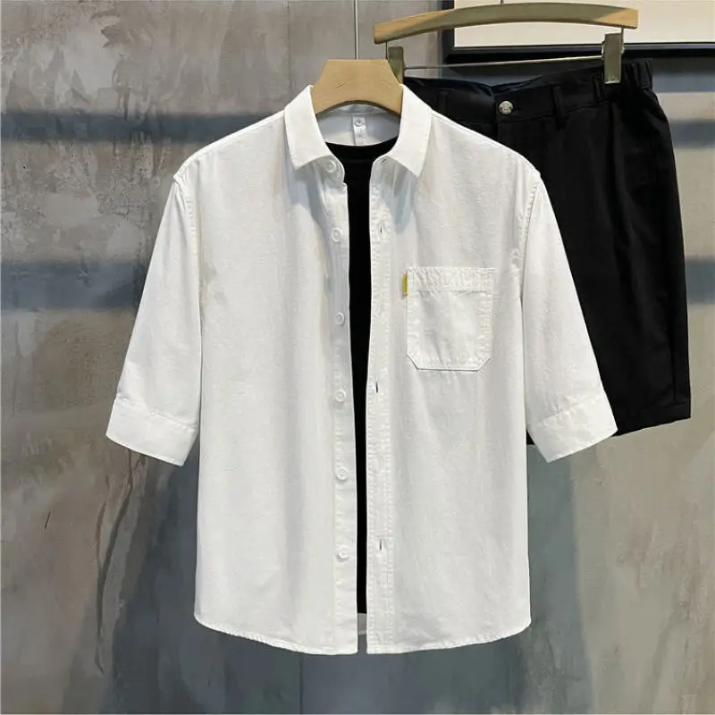 2024 New Summer Simplified Korean Edition Casual Loose Versatile Handsome Polo Collar Solid Color Mid Sleeved Shirt for Men 2