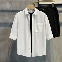 2024 New Summer Simplified Korean Edition Casual Loose Versatile Handsome Polo Collar Solid Color Mid Sleeved Shirt for Men 2