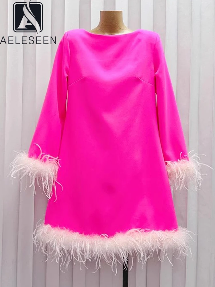 

AELESEEN Women Rose Red Dress Design Fashion Flare Sleeve Temperament Feathers Back Hollow Out Loose Casual Mini Vacation