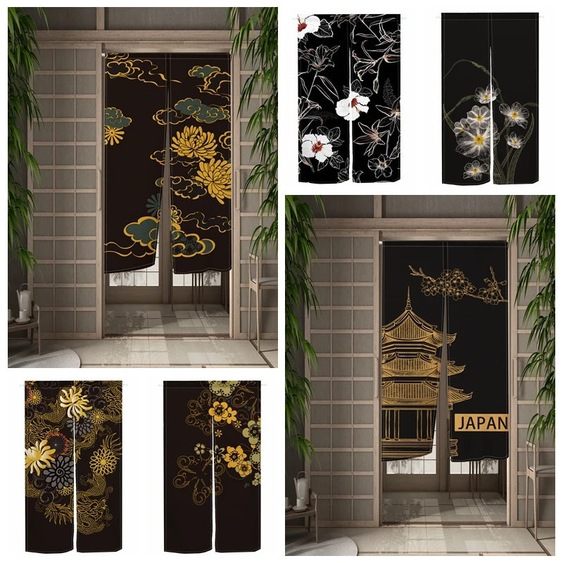 Japanese Luxury Door Curtains Black Gold Floral Cl..