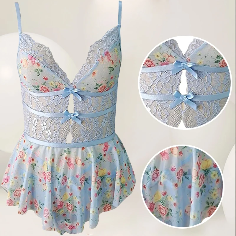 Summer Women's Lace Hollow V-Neck Suspender with Backless Sexy Printed Suspender for Women Nightdress women lingerie women bodysuit sleep wear set