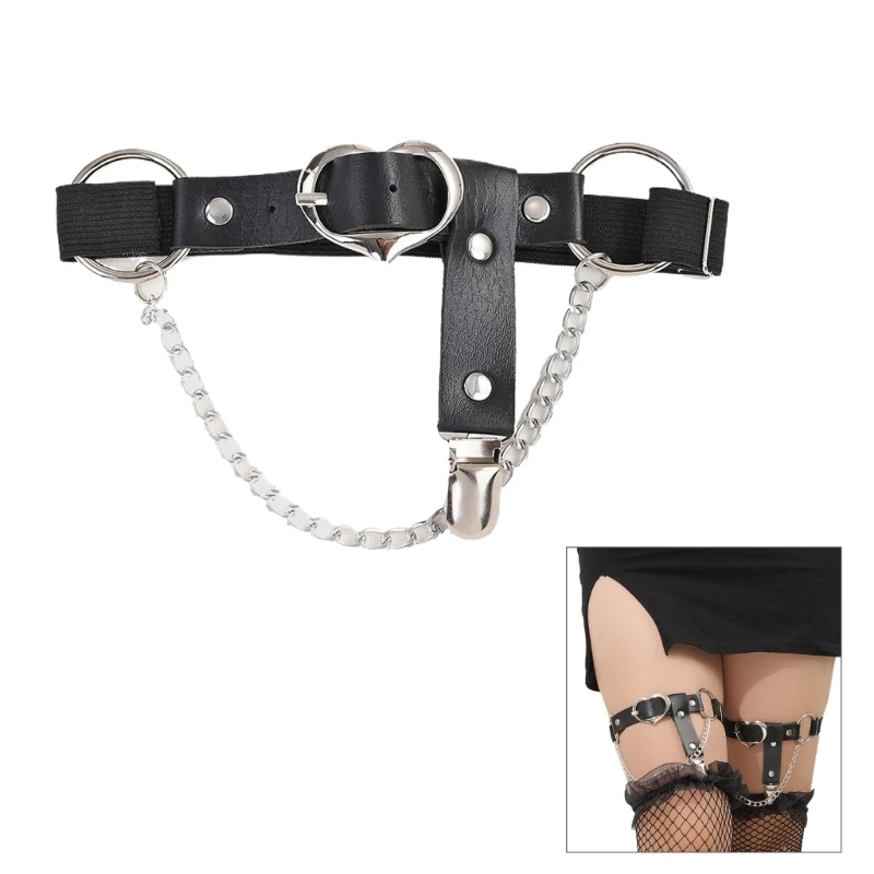 

Women Goth Punk PU Leather Heart Shape Buckled Thigh Garter Belt Adjusted Leg Garters with Clip and Metal Chain for Stockings