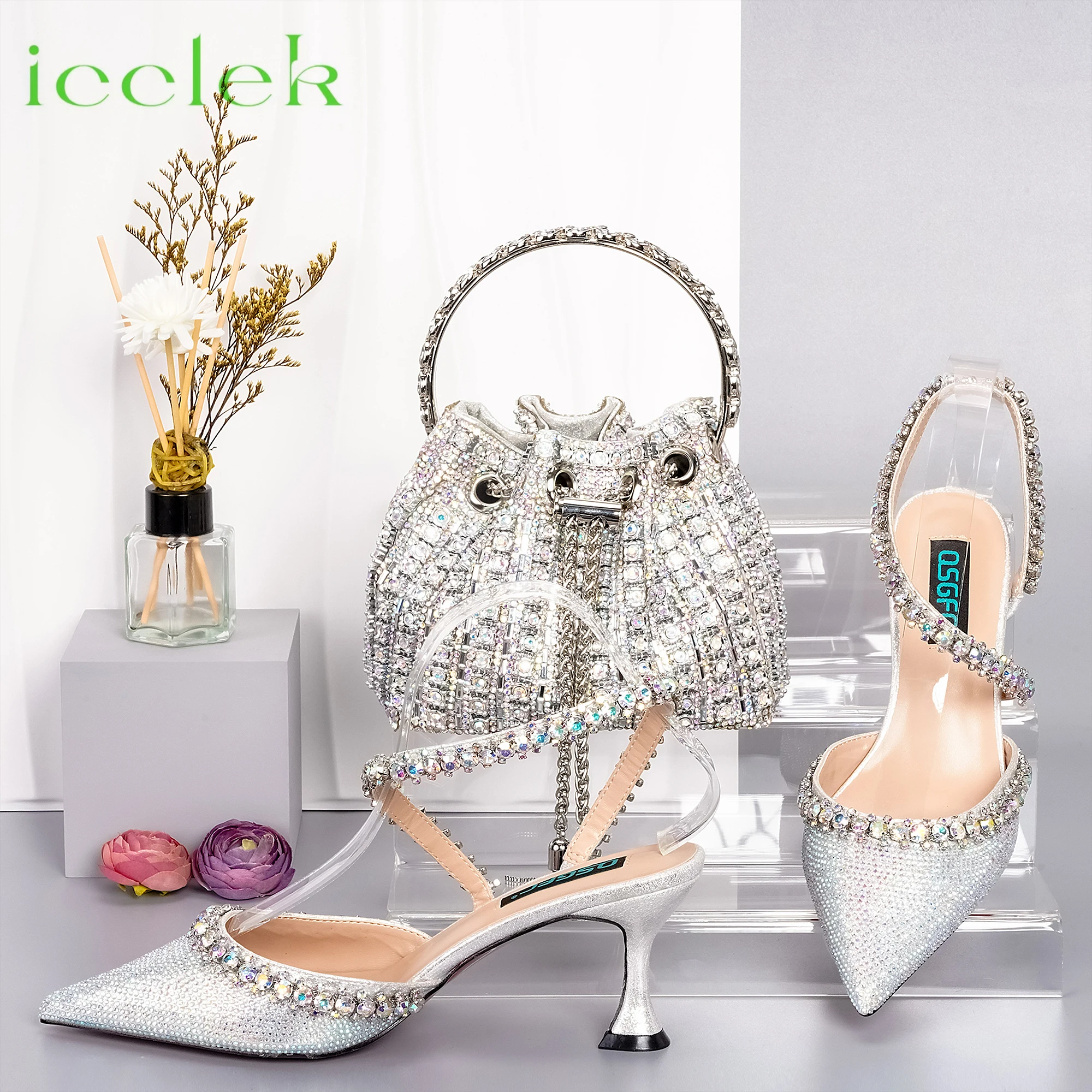 

Trendy Silver Color Pointed Toe Pumps And Metal Chain Lock Tote Bag Sophisticated Tassel For Ladies Party