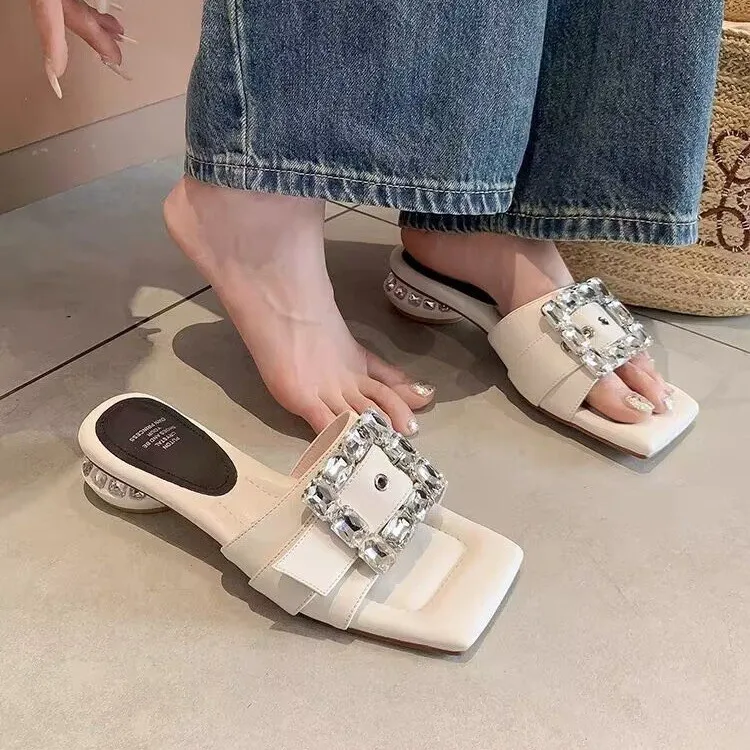 

Crystal Mid Heels Shoes Women Slippers 2023 New Fashion Flip Flops Sandals Summer Casual Open Toe Shoes Beach