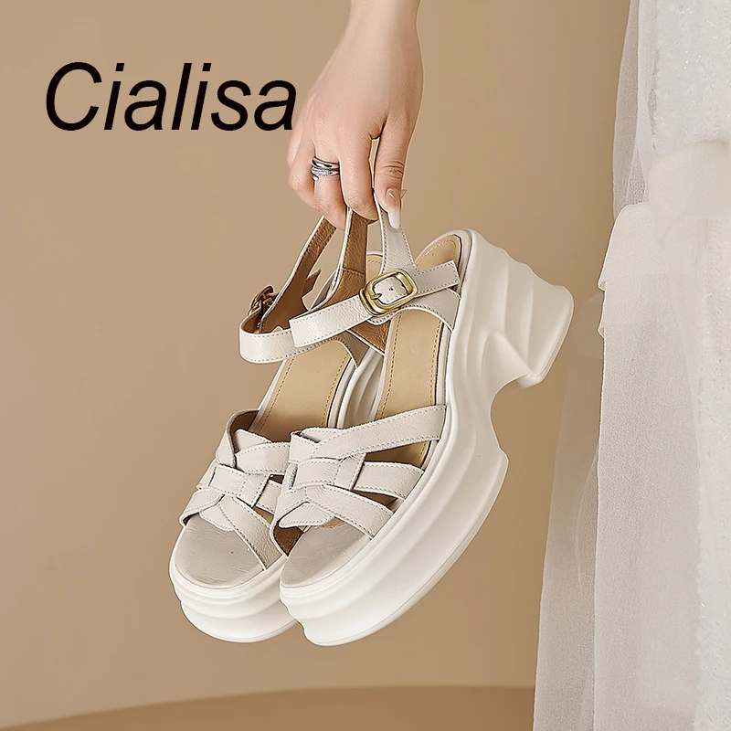 

Cialisa Women Shoes Casual Open-Toed Platform Sandal Handmade Genuine Leather Daily Buckle Strap Chunky Heels Footwear Beige 40