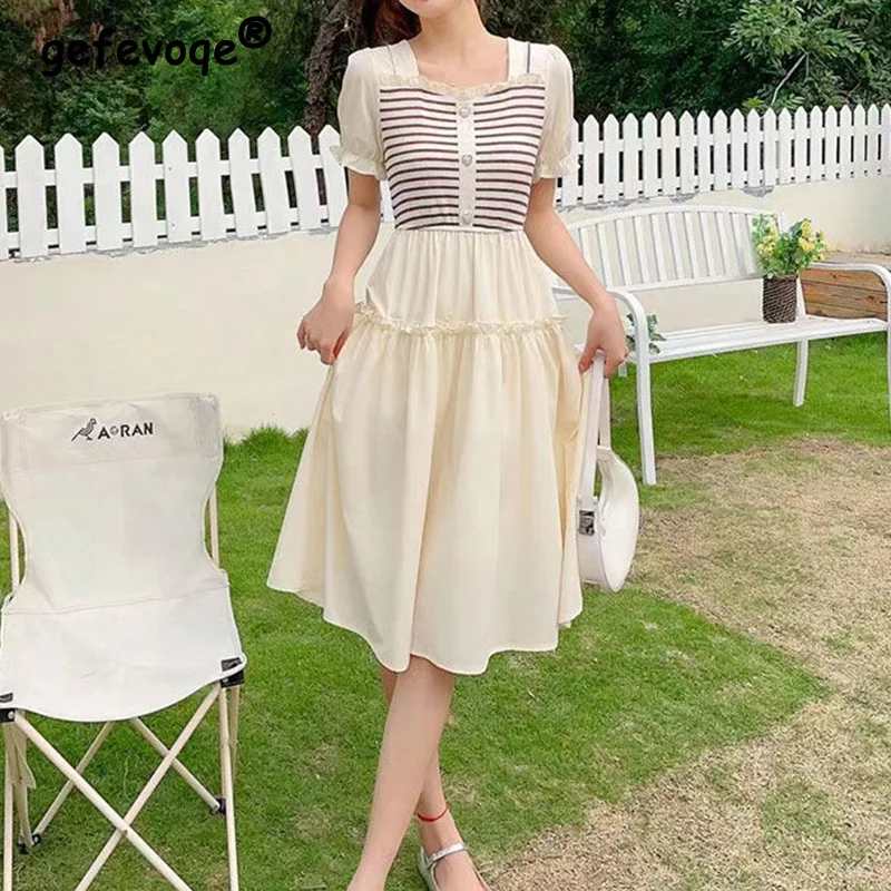 

2023 Summer Fashionable Patchwork Striped Printing Sweet Square Collar Ruffles Pleated Short Sleeve Fake Two Pieces A-line Dress