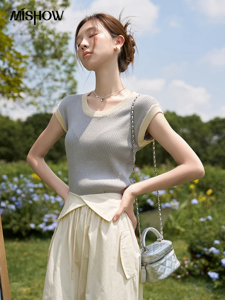 

MISHOW Women's Contrast Knitted T-shirts 2023 Summer Casual O-Neck Tees Female Clothing Soft Short Tops Office Lady MXC38Z0090